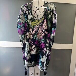 Kona Sol Colorful Floral Lattice Back Sheer‎ Kaftan Swim Cover Up Beach Womens S